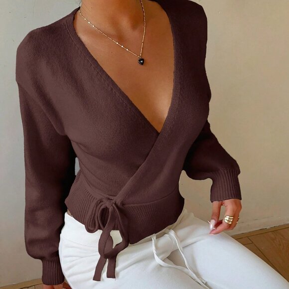 Chocolate Brown Casual Women's Wrap Tie Front Cardigan - Picture 7 of 7